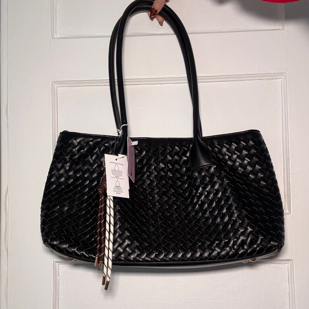 Chic Black Woven Shoulder Bag- 2 shapes in 1